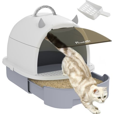 Casetta igienica per gatti, lettiera chiusa con maniglia per il trasporto e porta traslucida, 40,5 x 52 x 39 cm, grigia (1/5)