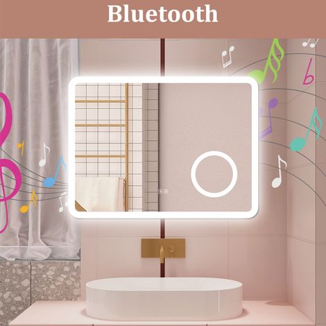 AICA 80X60CM SPECCHIO DA BAGNO BLUETOOTH ANTIAPPANNAMENTO, 3 COLORI DIMMERABILI, LENTE D'INGRANDIMENTO 3X (1/5)