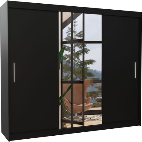 Grande armoire de chambre à coucher 3 portes coulissantes noir et miroir Dany 250cm (1/5)