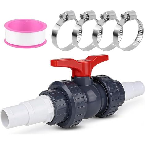 Ortviai Vanne Piscine 50mm (1 1/2") avec Adaptateur Tuyau Piscine 32mm et 38mm - Robinet à Boisseau Sphérique d'Arrêt en PVC - Kit Connexion pour Pompe, Filtre et Chauffage Solaire