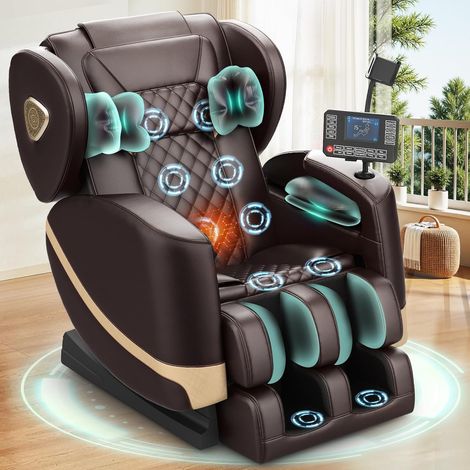 Fauteuil de massage avec 14 rouleaux, 8 coussins d'air et fonction zéro gravité – haut-parleur Bluetooth, écran tactile, support pour téléphone, chauffage lombaire et des jambes, marron