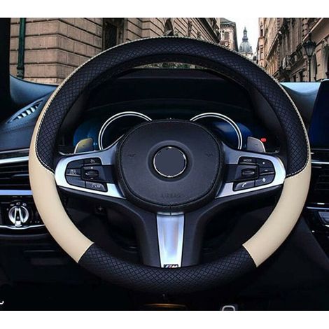 Wavy Line Splice X-Stitch Microfiber Leather Steering Wheel Cover Beige