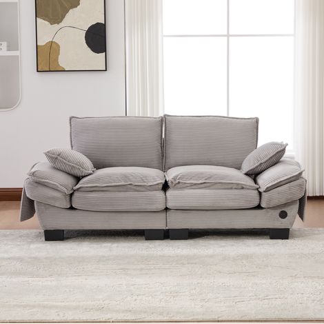 Divano 2 posti in velluto a coste grigio chiaro 190 cm con seduta ampia ergonomica, USB-C e tasche laterali (1/5)