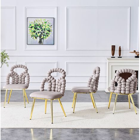 Chaise de salle à manger en velours gris clair avec dossier ajouré à billes et structure métal,48×50×86cm (1/5)