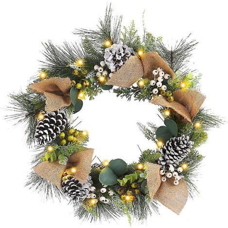 Couronne de Noël LED fonctionnelle avec branches de jute et pommes de pin décoratives, guirlande lumineuse festive pour porte ou mur. (1/4)
