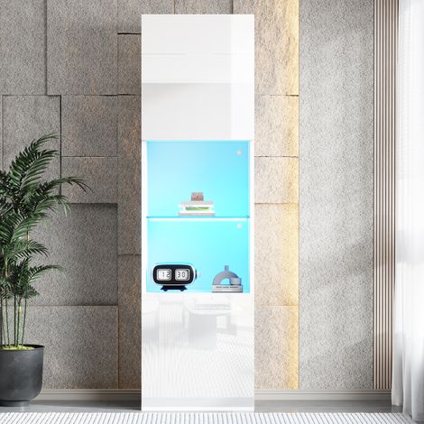 Vitrine blanche laquée brillante, éclairage LED intégré, étagère en verre, 45x35x160 cm, meuble d'exposition autoportant, armoire haute de rangement (1/5)