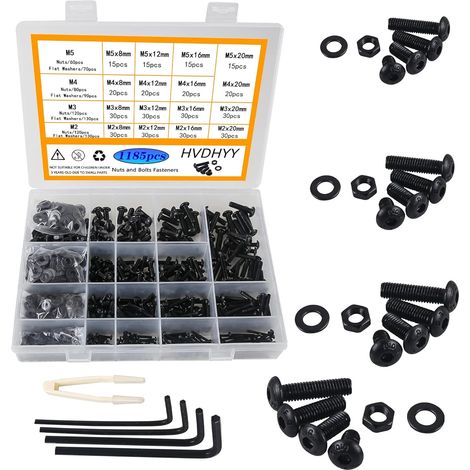1185pcs Kit De Vis, Boulons Acier Carbone, Écrous Rondelles M2 M3 M4 M5, Boîte Rangement, Bricolage Réparation