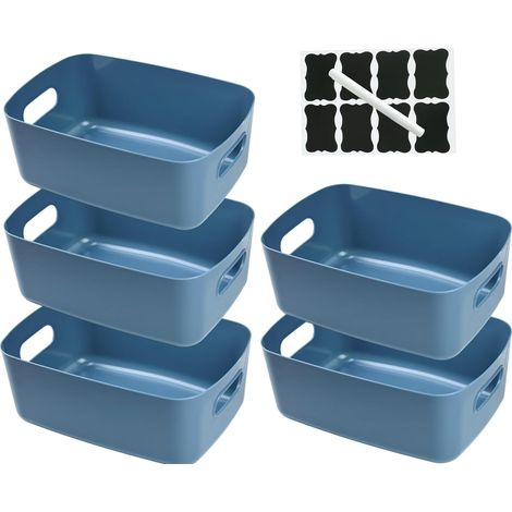 Lot de 5 Paniers Boîtes de Rangement en Plastique avec Poignées,Paniers de Rangement Empilables pour la Cuisine,Paniers & Boîtes de Rangement Cuisine Salle de Bain (Bleu, 30×20×12 cm)