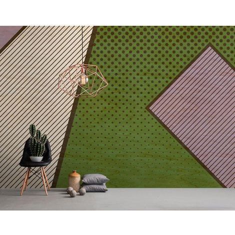 Papier peint panoramique graphique moderne pour salon Tapisserie panoramique géométrique verte, violette & beige Papier peint panoramique bureau (1/3)