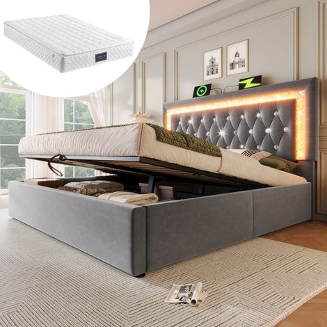 Lit Coffre 160x200 avec LED USB Type-C Velours Gris - Sommier et Matelas H3 7 Zones Inclus pour Chambre Adulte (1/5)