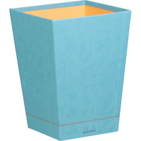 Corbeille à Papier Turquoise - 24 x 24 x 32 cm - Piqûres Sellier Orange - Extérieur Simili Cuir - Collection Home Office - Organisation de Bureau (1/2)