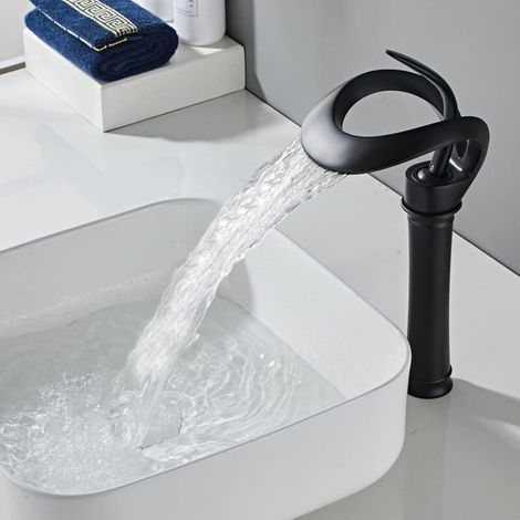 Robinet mitigeur lavabo noir haut cascade – Bec haut en laiton – Poignée unique – Installation facile – Économie d'eau jusqu'à 34% (1/5)