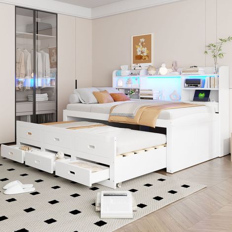 Cama dormitorio juvenil con cajones LED y USB blanca OKMYHOME (1/5)