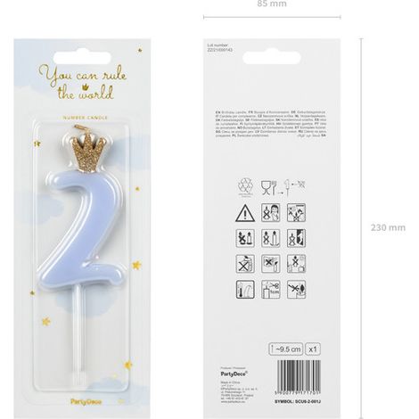 Bougie d'anniversaire numéro 2 avec couronne, bleu clair (1/2)