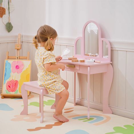 Table de Maquillage pour Filles de 3 à 6 Ans avec Tabouret, Tiroirs et Miroir Coordonné en Acrylique, Rose (1/5)