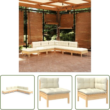 The Living Store 7-tlg. Garten-Lounge-Set mit Creme Kissen Kiefernholz - Gartengeräte - Lounge Möbel - Gartenmöbel Set - Kiefernholz Gartenmöbel - Outdoor Wohnzimmer (1/5)