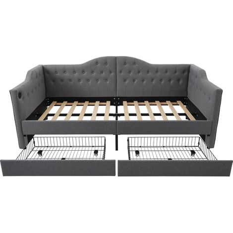 Cama diván tapizada gris de lino 90 x 190 cm con 2 cajones y carga USB Type-C (1/5)