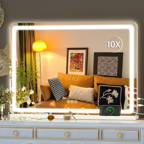 Hasipu Kosmetikspiegel mit Licht, 70 x 50cm LED Schminkspiegel, Beleuchteter Schminkspiegel mit dimmbaren 3 Modi, Touchscreen Steuerung Kosmetikspiegel Rund Weiß
