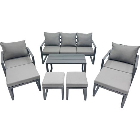 Fimous 9 Seat Outdoor Garden Furniture Set Aluminium Lounge 3 Seat Sofa Oblong Coffee Table Sets with Chair 4 Stools 2 Side Tables Dark Grey (1/5)