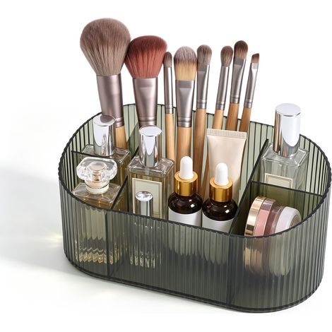 Organisateur de Maquillage en Acrylique avec 5 Compartiments, Rangement Pinceaux Maquillage et Cosmétiques, Pot Pinceau Maquillage pour Coiffeuse, Salle de Bain et Chambre (Vert) (1/5)