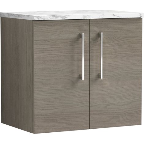Nuie Arno Wall Hung 2-Door Vanity Unit with Carrera Marble Worktop 600mm Wide - Solace oak (1/4)