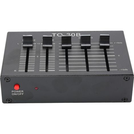 Phono-Vorverstärker mit 3-Band-Digital-Equalizer (12 dB), 2 Kanälen, Höhen-, Mitten- und Bassregler, symmetrischem Lautstärkeregler und 5-V-Plattenspieleradapter (1/5)