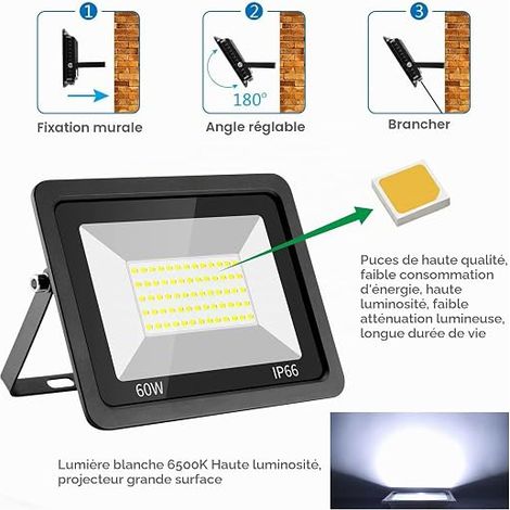 60 W Outdoor LED Floodlights with Plug, IP66 Waterproof 6000LM Outdoor LED Spotlight, 6500 K Cool White Security Lighting for Garden, Yard, Garage, Terrace, Patio, Barn