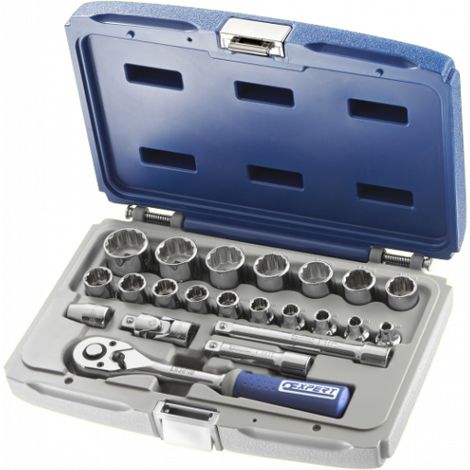 Expert – Coffret cliquet et douilles 3/8" 12 pans (22 pièces) – 1 cliquet à verrouillage – 2 rallonges 75/125 mm – Boîte compatible tiroir de servante (1/6)