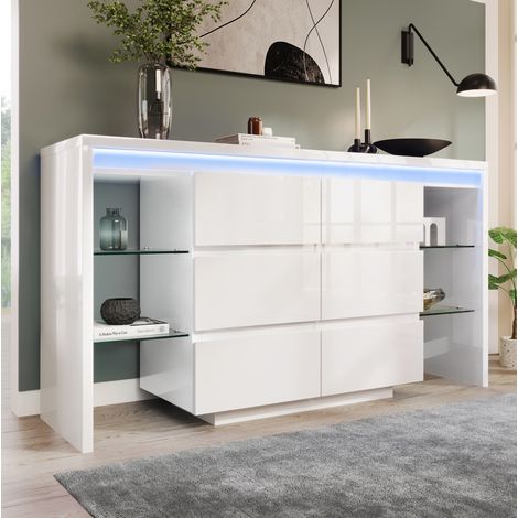 Commode LED blanche brillante, 6 tiroirs et 4 étagères en verre, 155 x 40 x 80 cm OKMYHOME (1/5)