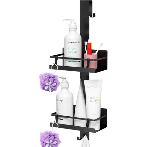 2 Étages Etagere Salle de Bain, Douche a Suspendre, Sans Percage Porte Shampoing Acier au Carbone pour Le Shampooing(Noir) (1/5)