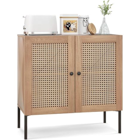 COSTWAY Credenza con 2 Ante in Rattan, Mobile Buffet da Cucina con Ripiano Regolabile in 3 Posizioni, Mobile per Cucina, Sala da Pranzo e Soggiorno, 80 x 40 x 80 cm (Naturale) (1/5)