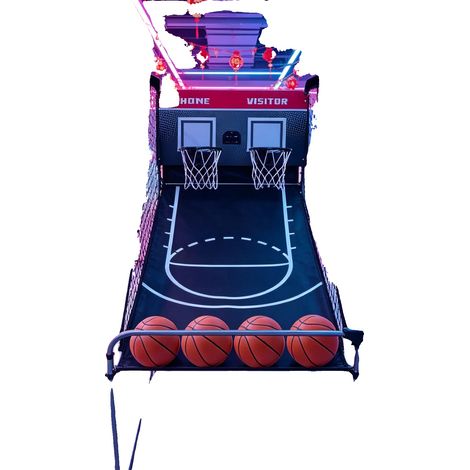 Máquina recreativa de baloncesto, diseño plegable, 8 modos de juego, 4 balones de baloncesto incluidos, construcción de acero y MDF, marcador electrónico. (1/5)