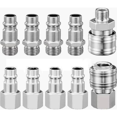 Kit de 10 raccords rapides pneumatiques pour compresseur, 1/4" BSP, raccord rapide, raccord d'air, tuyau, connecteur d'air comprimé, mâle et femelle (1/2)