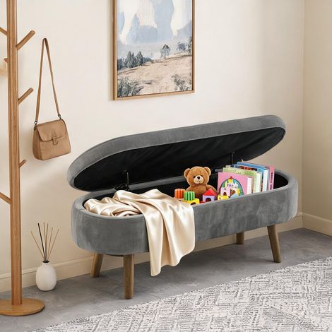 Banc de rangement ovale en tissu chenille bois massif gris (1/5)
