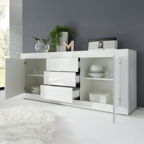 Credenza Pasubio, Madia 2 Ripiani, 3 Cassetti Made in Italy, 2 Ante, 210x42x85.8h cm Bianco Lucido (1/4)