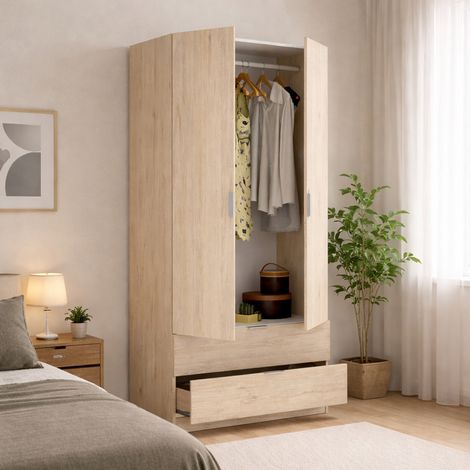 Dmora - Guardaroba Pisanino, Mobile appendiabiti per camera da letto, Armadio a 2 ante battenti e 2 cassetti, 81x52h184 cm, Rovere, con imballo rinforzato (1/5)