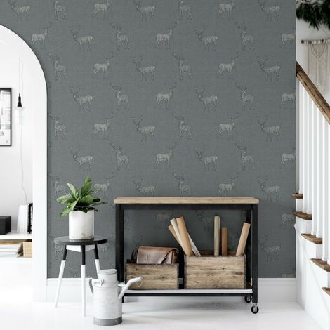 Arthouse Heritage Highland Stag Deer Motif Grey Metallic Silver Wallpaper (1/3)