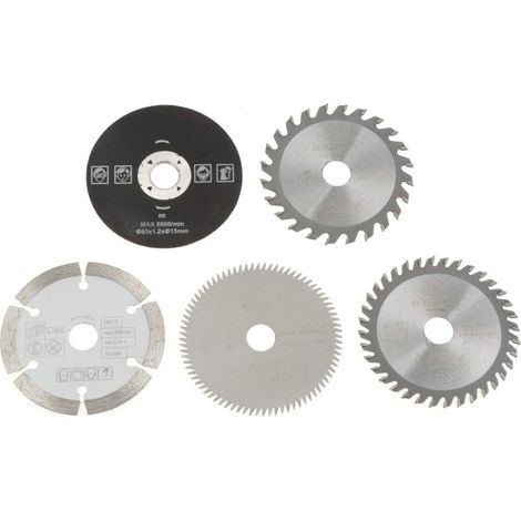 Lot de 5 lames de scie circulaires miniatures en carbure de tungstène (24 dents TCT/plastique, 36 ou 80 dents HSS/diamant/résine), de diamètre intérieur 85 mm et d'épaisseur 15 mm. Durables. (1/5)
