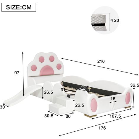 Letto per Bambini, Letto Singolo con Scivolo, Scala a 2 Gradini e Tasca, 90×200 cm, senza Materasso (1/4)