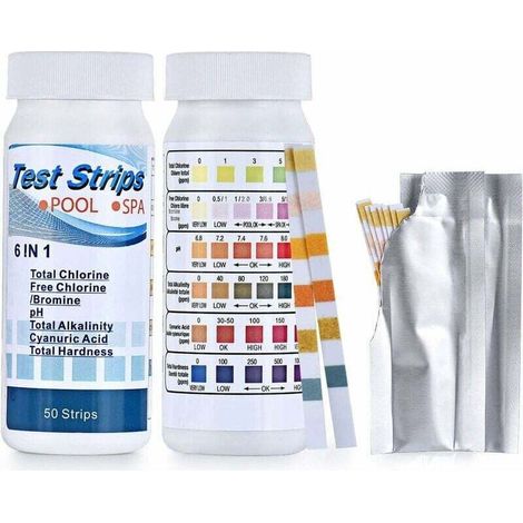Bandelettes de Test 6 en 1 pour Piscine et Spa Analyse Chlore pH Alcalinité Dureté 100 Pièces (1/4)