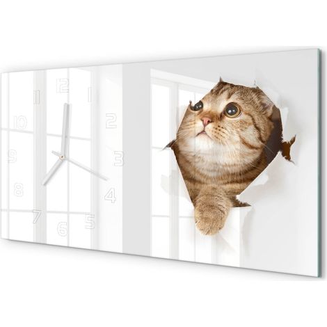 Horloge Murale Effet Tableau 60x30 cm Verre Trempé Décoration Intérieure Moderne Chat (1/5)