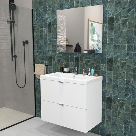 Le Quai Des Affaires – Meuble double vasque 80 cm avec vasque et miroir – 2 tiroirs – Blanc – Façades en mélaminé – Fixation murale (1/5)
