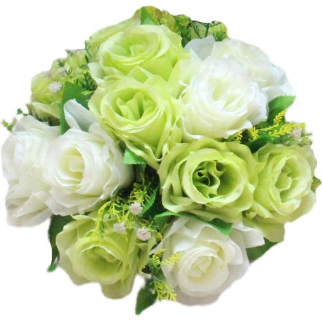 Boule de fleurs artificielles blanc vert, Arrangement réaliste de 15 têtes pour décor de pièce matresse de mariage (1/5)