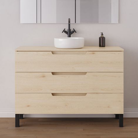 Meuble de salle de bain 120cm avec plateau et vasque à poser ronde - 3 tiroirs - sans miroir - roble calima (bois clair) - RIZA (1/5)