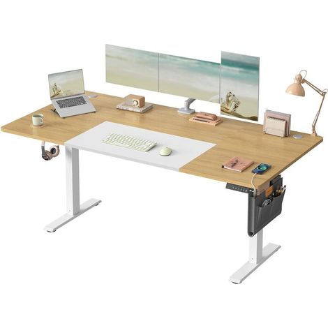 Bureau électrique réglable en hauteur 180 x 80 cm avec fonction mémoire et port USB-C pour télétravail en bois chêne naturel (1/2)