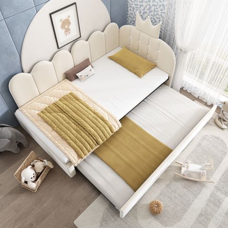 Lit banquette gigogne 90x200 cm, Canapé-lit d'angle avec tiroir lit d'appoint, Velours style couronne capitonné, Beige (1/5)