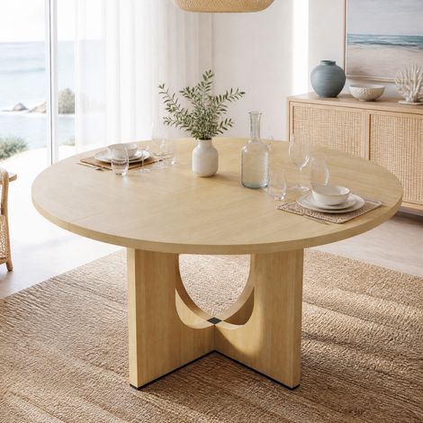 Mesa de comedor redonda 120 cm de MDF color roble para 4-6 personas estilo nórdico minimalista (1/5)