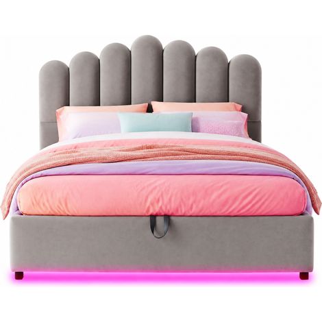 Letto Matrimoniale Contenitore 140 x 200 cm in Velluto, LED e Testiera Imbottita, senza Materasso, Grigio (1/5)