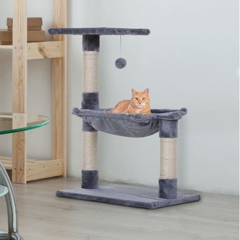 Árbol rascador para gatos (50x36x70 cm), con hamaca y plataforma, 3 postes de sisal, felpa gris (1/5)