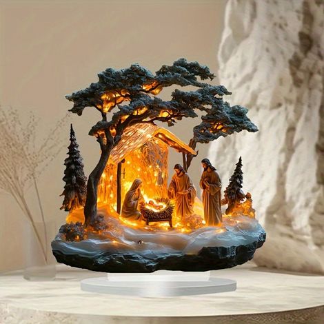 Crèche Lumineuse - Sainte Nativité en Résine avec Jésus Enfant et Lumières LED - Décor de Table de Noël - 1 Pièce (1/5)
